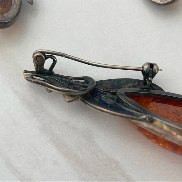 Vintage Sterling silver 925 Baltic Amber necklace pendant pin earrings brooch - Picture 6 of 16